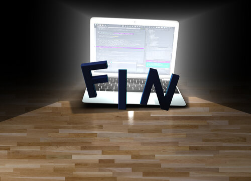 Das Wort FIN vor einem Monitor