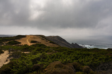 Beautiful scene on the Amoreira beach trail, part of the the Vicentina Route, mixing sandy beaches, cliffs and vegetation all in once. With a dramatic sky.
Aljezur, Portugal.