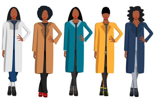 Images of five black women in different autumn clothes with different hairstyles. Designer clothing.