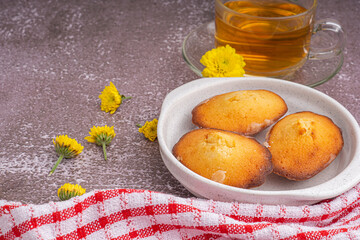 Lemon glaze madeleines on black a plate with a teacup placed on a gray stone background. Madeleine - homemade traditional French small cookie. Space for text. Seashell sweet cakes