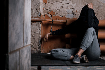 A woman handcuffed to a radiator. The concept of crime and violence