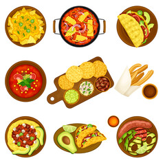 Traditional Mexican Dish with Sweet Churros, Taco and Stuffed Tortilla Vector Set