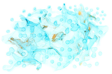 Fototapeta na wymiar Chaotically splattered light blue transparent ink drops on white background. Abstract watercolor texture with gold parts.