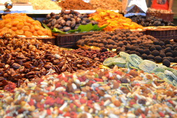 Fruit and nuts on a spanish market in Barcelona Spain. Cashew, Almond, 