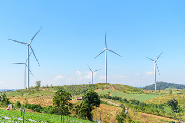 wind turbines park for make the electric power from wind in sunset time