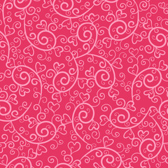 Decorative light swirls, curves and hearts on bright pink background. Seamless lovely pattern. Suitable for wrapping paper, textile, packaging.