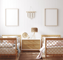 Mockup frame in children bedroom with wicker furniture, Coastal boho style, 3d render © artjafara