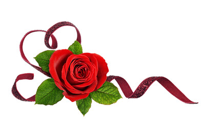 Waved in a heart shape velvet lurex ribbon and rose flower for Valentine day isolated on white