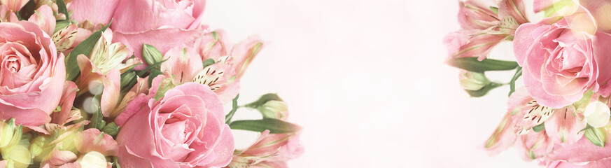 Beautiful pink rose and alstroemeria flowers in a bouquet on soft bokeh