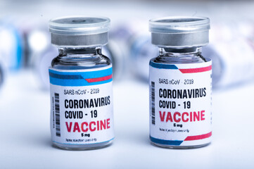 virus vaccine on white background in science laboratory, coronavirus COVID-19 disease medicine infection epidemic flu, health care research