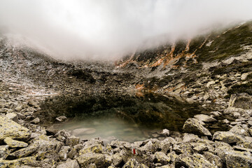 Lake landscape in the fog