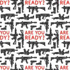 Weapons vector seamless pattern on white background. Pattern with modern weapons (assault rifles, guns).