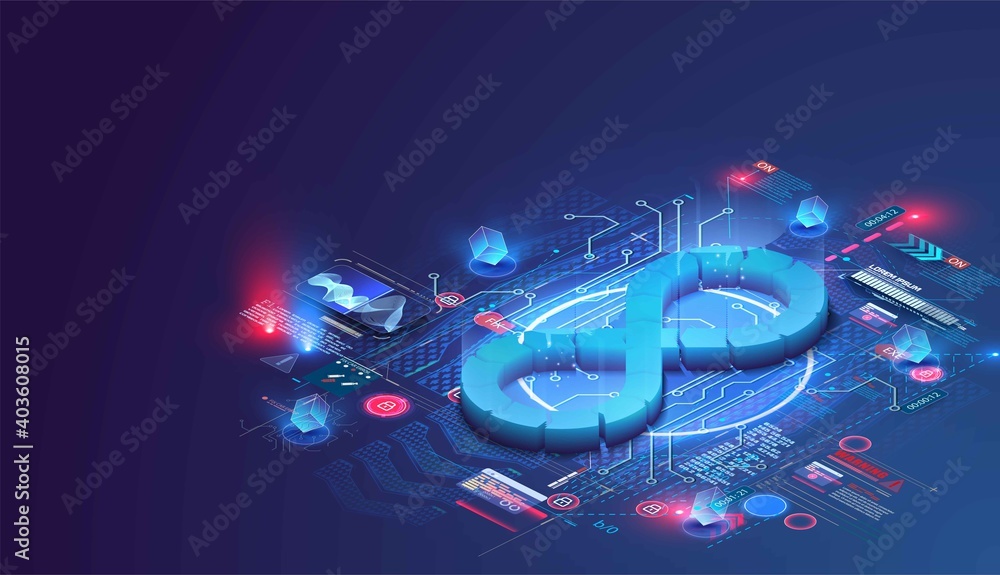 Poster devops software development operations infinity symbol. web development concept in isometric design.