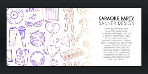 Karaoke Banner Doodles. Sing Party Background Hand drawn. People hobby illustration. Vector Horizontal Design.