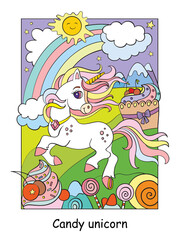 Cute unicorn on shugar land colorful vector