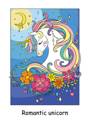 Cute romantic unicorn portrait colorful book vector