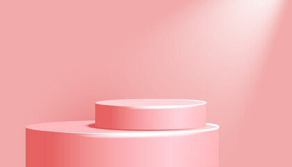 Minimal scene with cylinder podium on a pink background with light and shadow. Horizontal poster, flyer, greeting card, header for social media banners, promotion, stage, cosmetic product show.