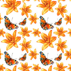 Watercolor seamless pattern of lilies and butterflies. Summer botanical illustration.