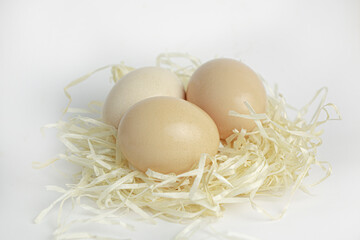 Chicken eggs in a nest of straw on white background