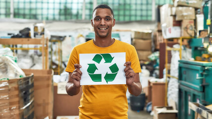 Recycling sign in hands of african american young man