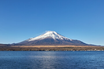 Fototapeta na wymiar 冬（12月）の朝、冠雪した富士山を山中湖の長池親水公園付近から望む 山梨県山中湖村
