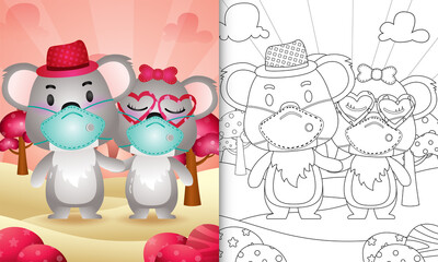 coloring book for kids with Cute valentine's day koala couple using protective face mask