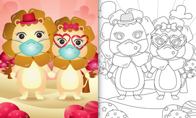 coloring book for kids with Cute valentine's day lion couple using protective face mask