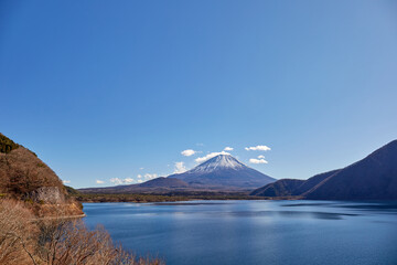 冬（12月）、わずかに雪が降った富士山を本栖湖の湖畔から望む 山梨県身延町