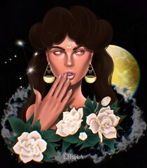 Zodiac flowers girl in vintage style. Abstract love symbol. Fashion concept. Vintage style. Digital illustation. Libra zodiac with strelizia flowers.