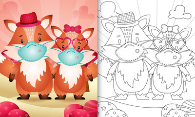 coloring book for kids with Cute valentine's day fox couple using protective face mask