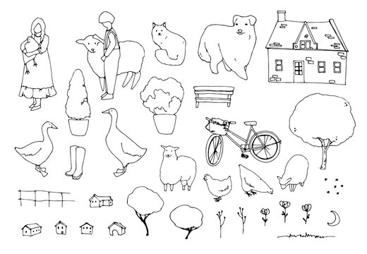 people clipart, line art garden clipart, black and white gardening clip art, farm animals, country clipart, dog clipart