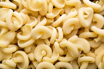 Artisan italian durum wheat pasta, raw Vesuvio pasta, top view.