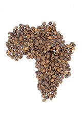 Roasted coffee beans in the shape of continent africa on a white background