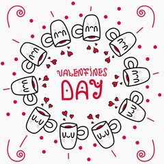 Valentines day frame vector deisgn with cute cup characters and hand drawn doodles for greeting and postcard, hand lettering for holiday of love