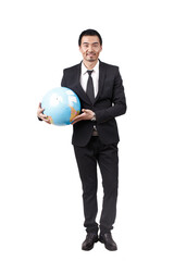 A young business man holding terrestrial globe 