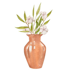 Terracotta vase with cotton and leaves watercolor illustration. Interior decoration vase isolated on white background.