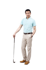 Young man wearing a suit and golfing