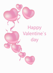 Valentine's card. Pink hearts 3d on white background. Vector illustration