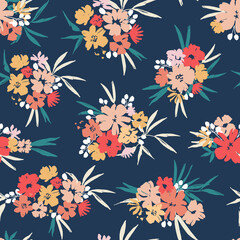 Flower bouquets on a dark background seamless pattern design. Trendy illustrated vector pattern for brand identity, stationery, wrapping, and wallpapers. Minimalistic floral background. Floral shapes