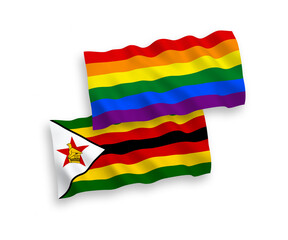 Flags of Rainbow gay pride and Zimbabwe on a white background