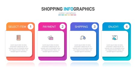 Concept of shopping process with 4 successive steps. Four colorful graphic elements. Timeline design for brochure, presentation, web site. Infographic design layout.