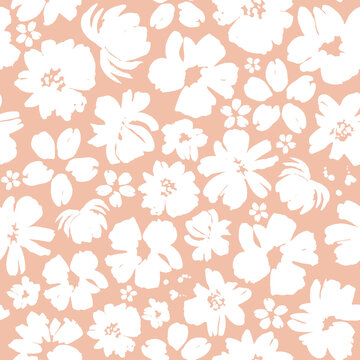 White flowers on a beige background seamless pattern design. Trendy illustrated vector pattern for brand identity, stationery, wrapping, and wallpapers. Minimalistic floral background. Floral shapes.