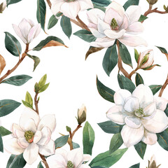 Beautiful seamless pattern with hand drawn watercolor white magnolia flowers. Stock illustration. © zenina