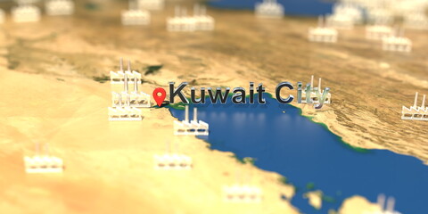 Kuwait city and factory icons on the map, industrial production related 3D rendering