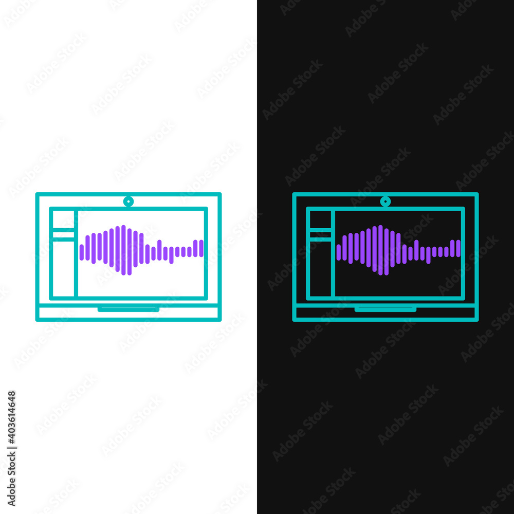 Poster line sound or audio recorder or editor software on laptop icon isolated on white and black backgroun