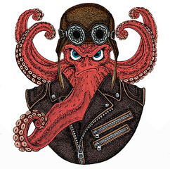 Octopus vector portrait. Sea marine creature, beast. Aviator motorcycle biker helmet with glasses