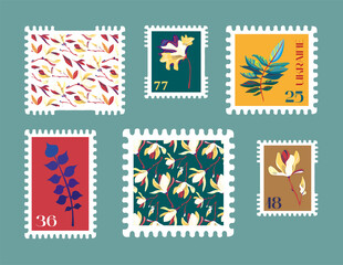 Set of beautiful hand-drawn post stamps. Variety of modern vector isolated post stamp designs. Floral post stamps. Mail and post office conceptual drawing.	