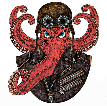 recommend clip art: Octopus vector portrait. Sea marine creature, beast. Aviator motorcycle biker helmet with glasses