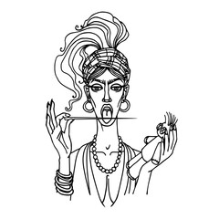 sexy gypsy woman with open mouth licking long pin for voodoo ritual, vamp-female concept, dangerous love game, vector illustration with black lines isolated on a white background in hand drawn style