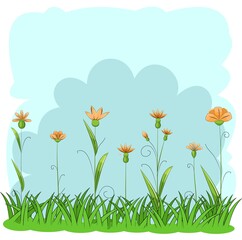 Fototapeta na wymiar Blooming meadow with grass and flowers. Sky. Cartoon just style. Isolated on white background. Romantic fabulous illustration. Vector